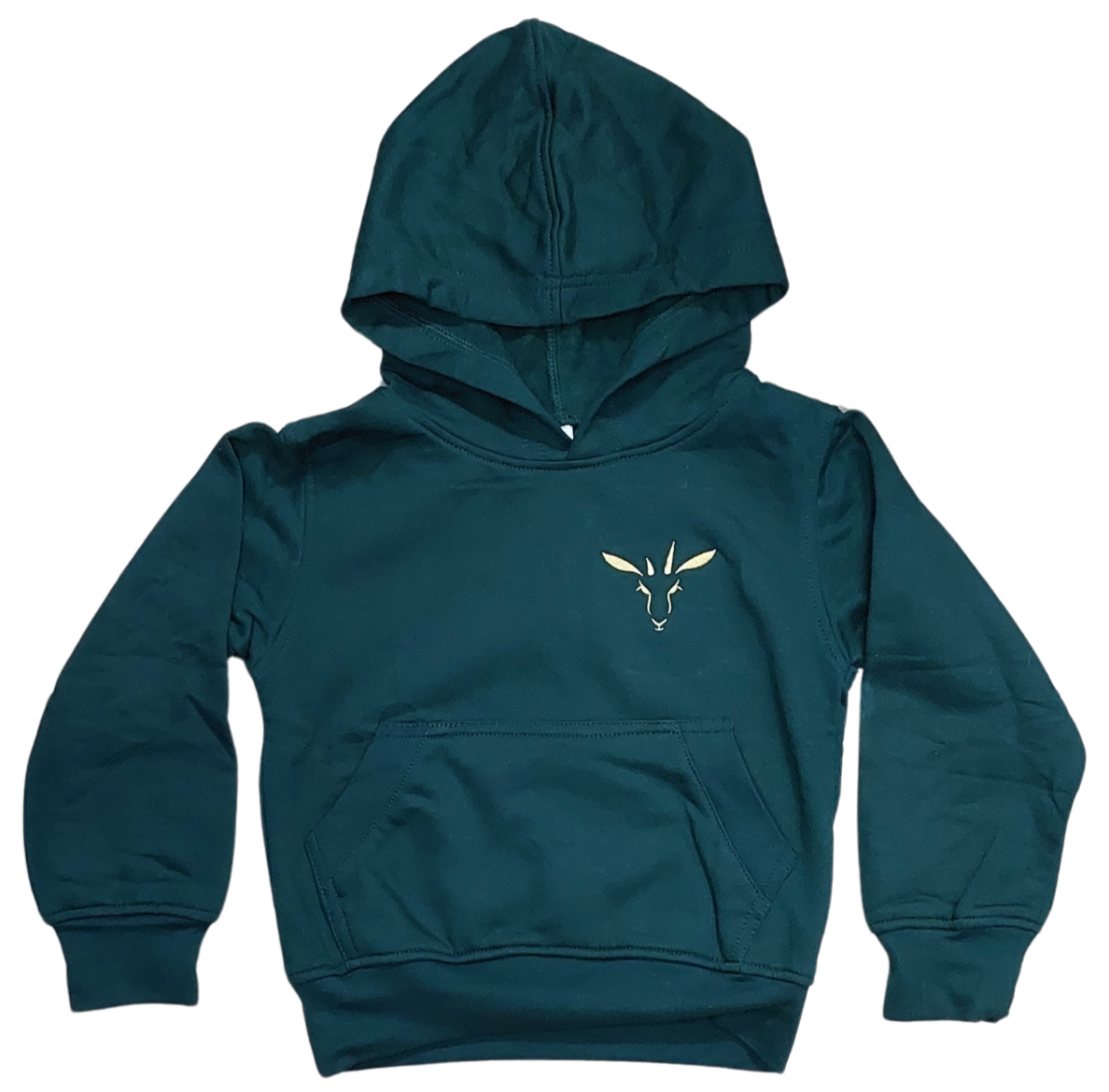 Bottle green kiddies hoodie with Penny the Springbok logo – soft brushed fleece by PenBok Clothing, made for outdoor adventures