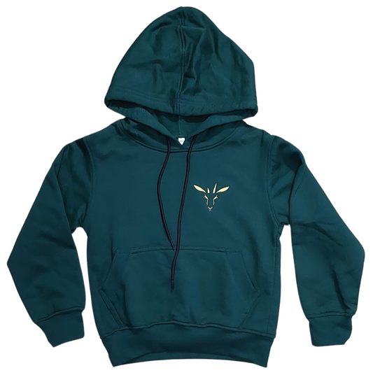 Bottle green kiddies hoodie with Penny the Springbok logo – soft brushed fleece by PenBok Clothing, made for outdoor adventures