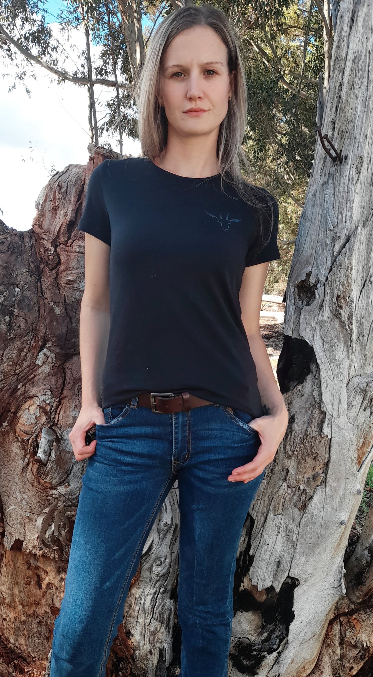 Black ladies PenBok t-shirt with embroidered logo, made from 100% cotton, inspired by Penny the Springbok