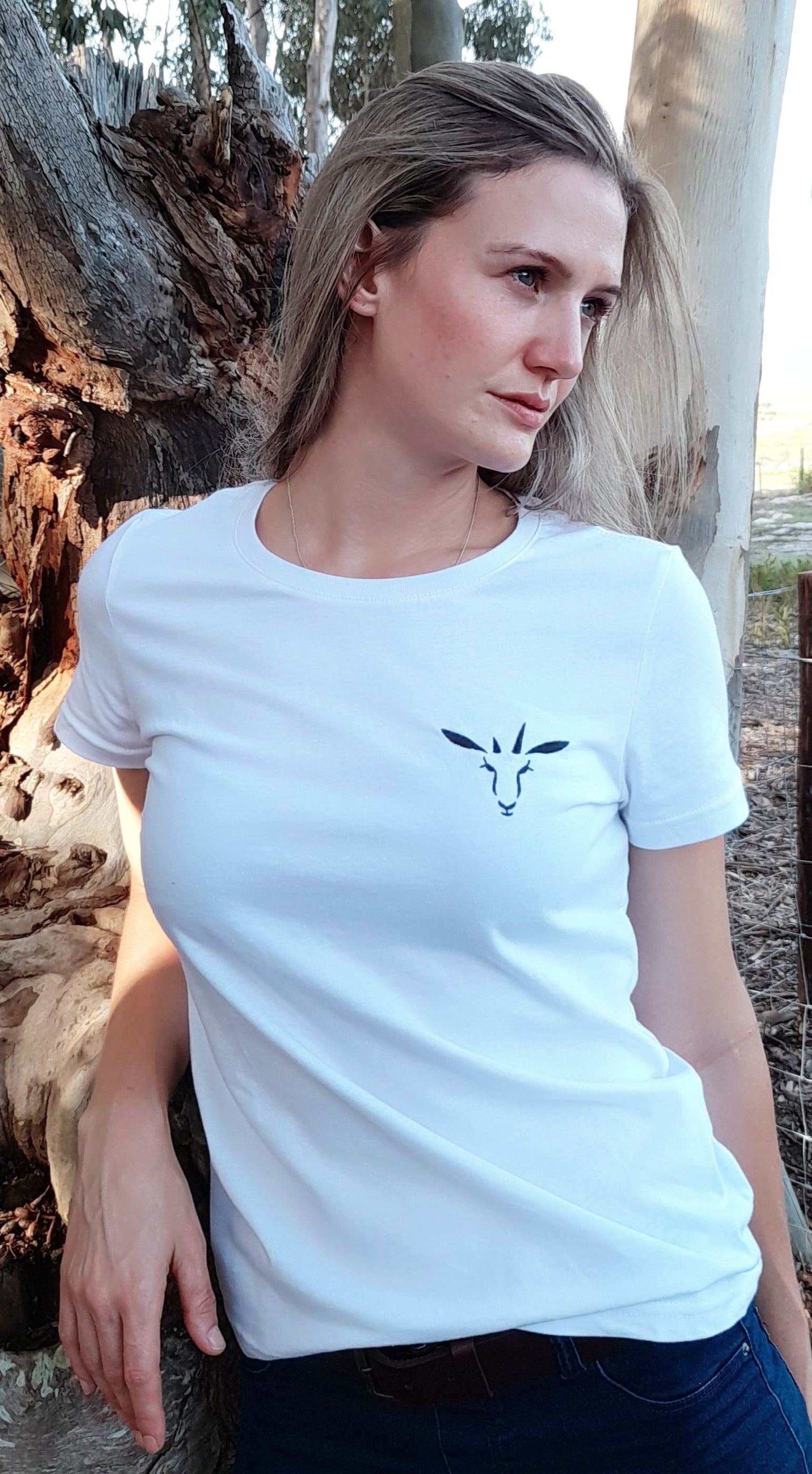White ladies PenBok t-shirt with embroidered logo, made from 100% cotton, inspired by Penny the Springbok