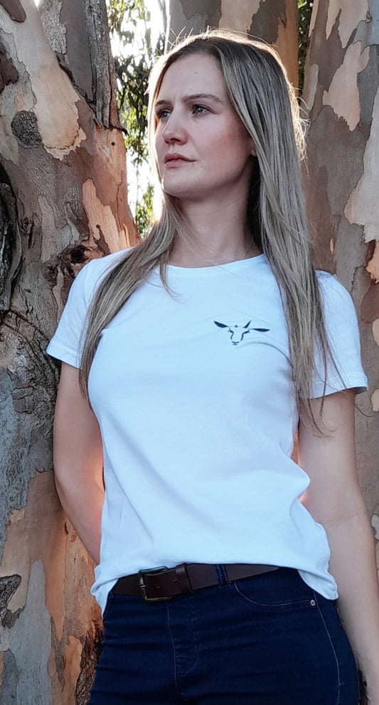 White ladies PenBok t-shirt with embroidered logo, made from 100% cotton, inspired by Penny the Springbok