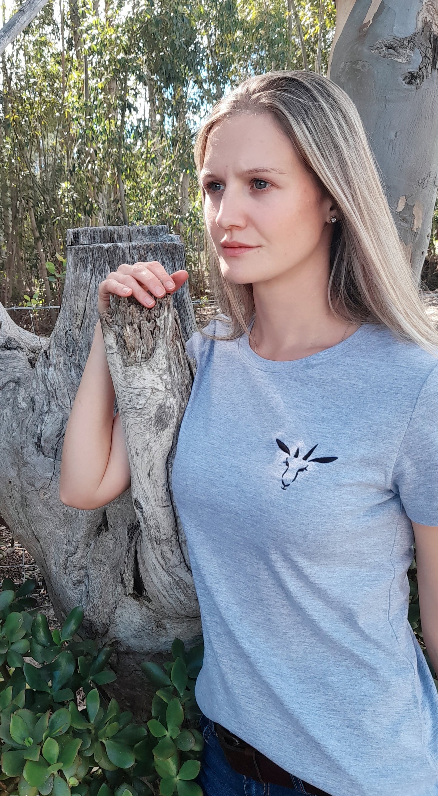 Grey ladies PenBok t-shirt with embroidered logo, made from 100% cotton, inspired by Penny the Springbok
