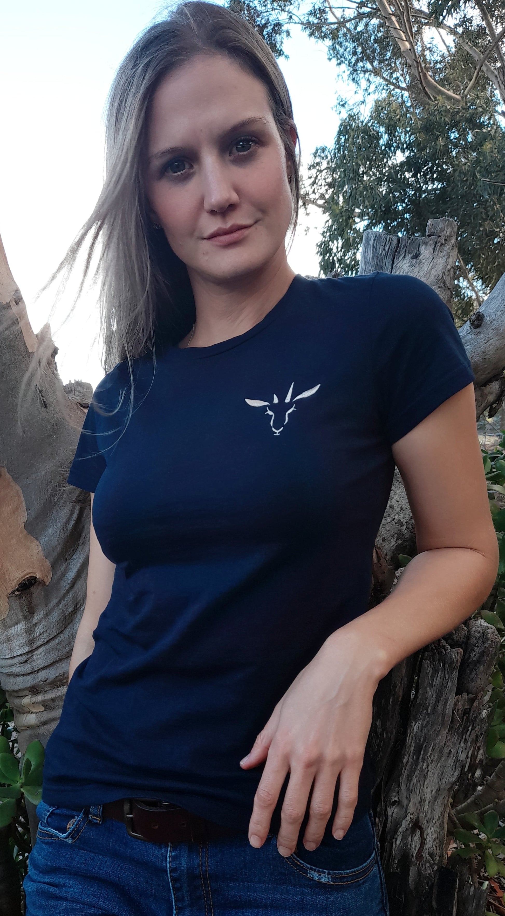 Navy ladies PenBok t-shirt with embroidered logo, made from 100% cotton, inspired by Penny the Springbok