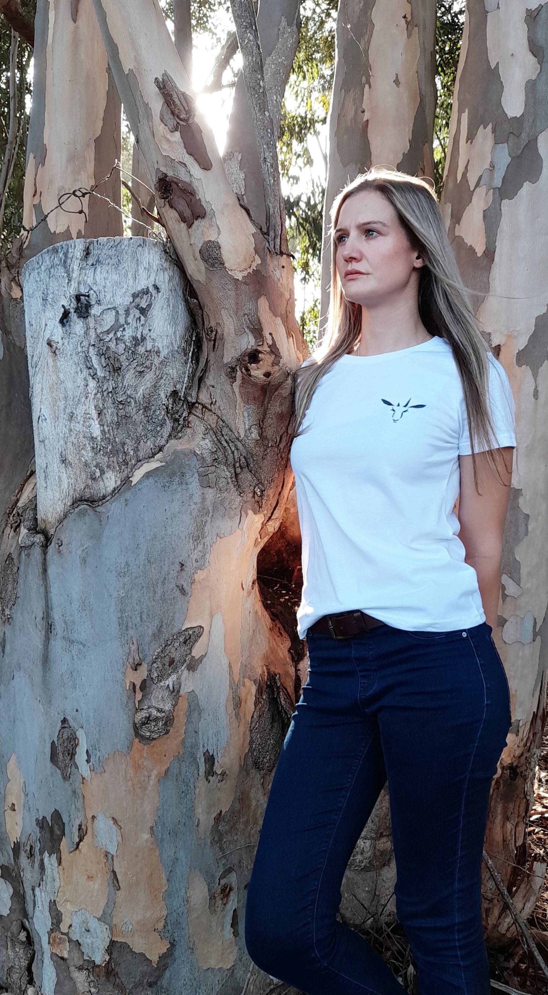 White ladies PenBok t-shirt with embroidered logo, made from 100% cotton, inspired by Penny the Springbok