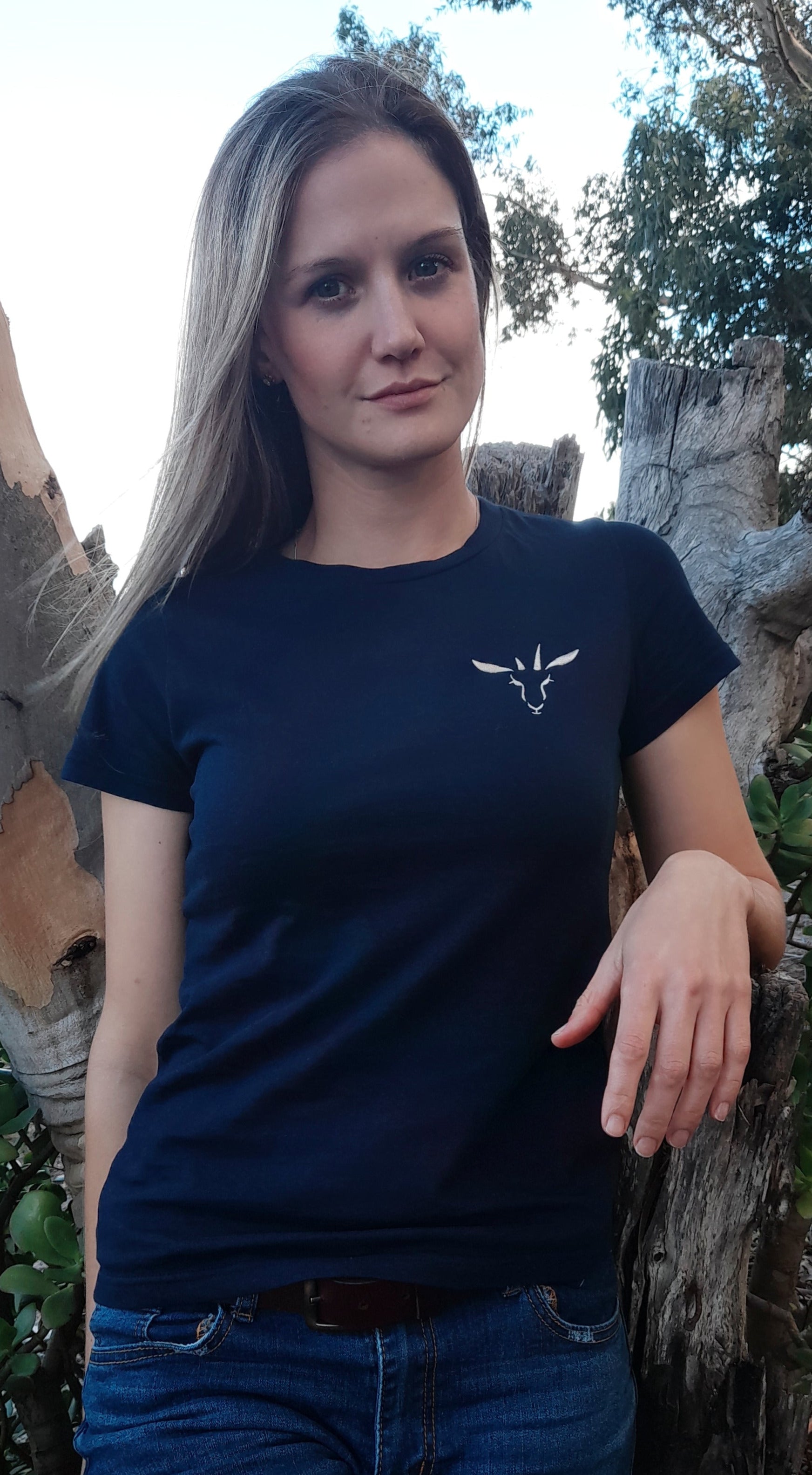 Navy ladies PenBok t-shirt with embroidered logo, made from 100% cotton, inspired by Penny the Springbok